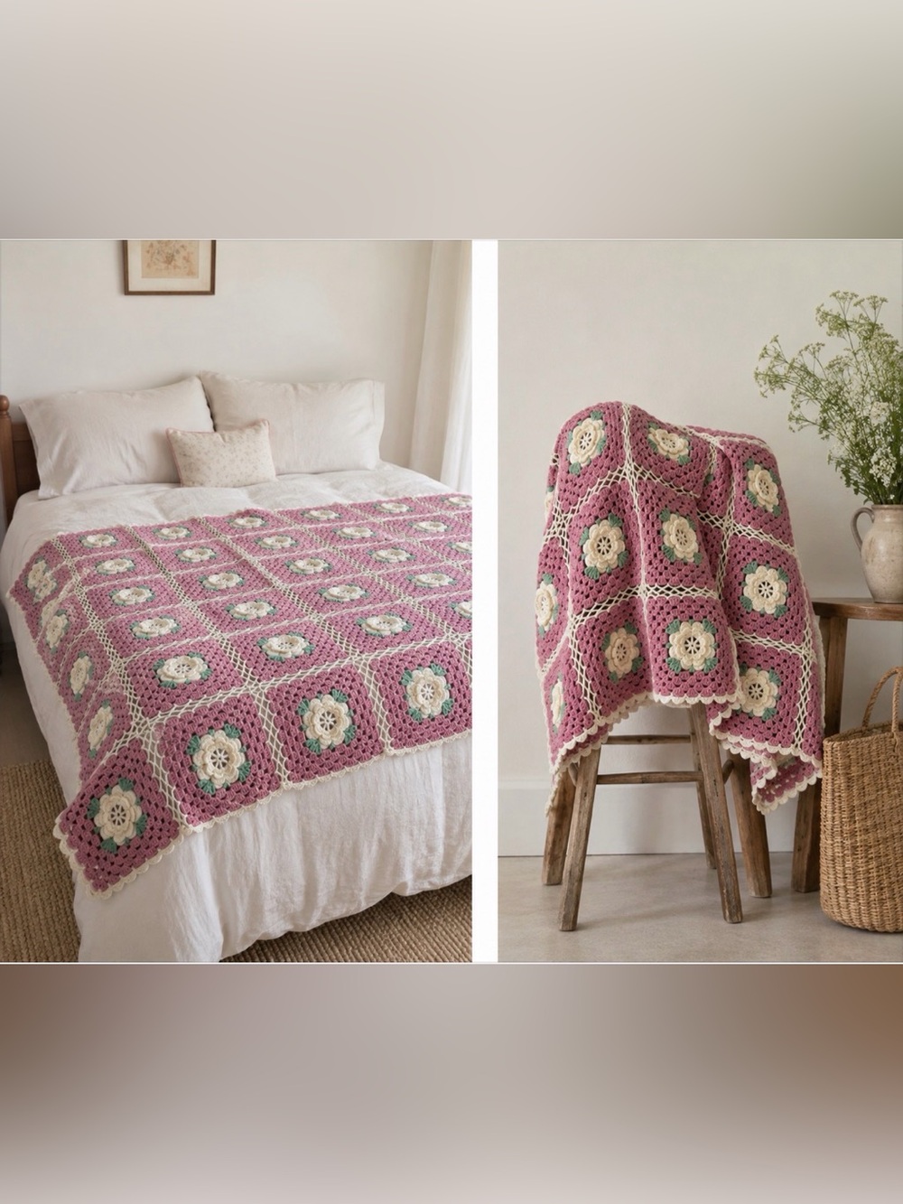 Vintage Crochet Blanket Pink Floral Granny Square Throw 52x60 Cottagecore